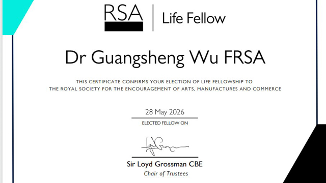 喜报| 吴光胜院士当选英国皇家艺术学会终身会士(Life Fellow)